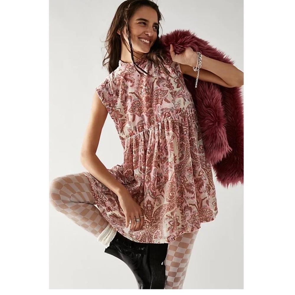 Free People All The Time Velvet Mini Dress Pink Paisley Mock Neck OB1584966 S